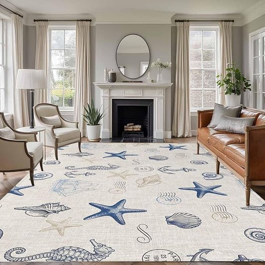 Area Rug 9x12ft, Coastal Seahorse Starfish Shell Conch Washable Rugs for Living Room Bedroom Rectangle Floor Carpet, Vintage Nautical Anchor Soft Non-Slip Area Rugs for Dining Room