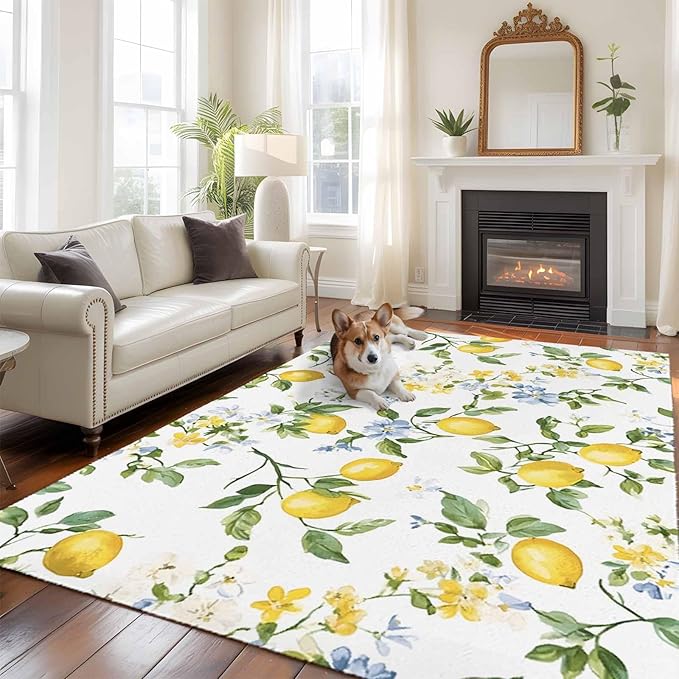 Area Rug 6x9ft, Summer Watercolor Lemon Flower Washable Rugs for Living Room Bedroom, Spring Farm Fruit Green Leaf Soft Non-Slip Area Rugs Rectangle Floor Carpet for Dining Room