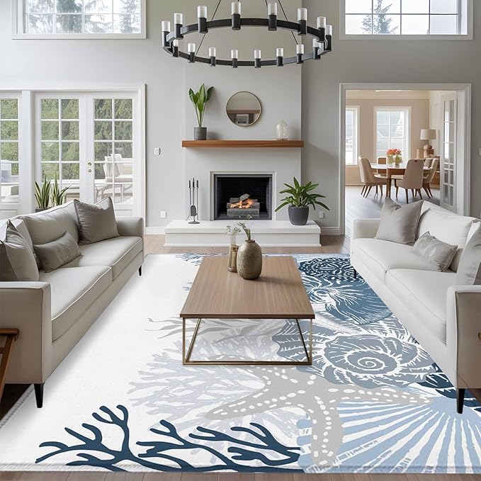 Area Rug 8x10ft, Underwater Blue Shells Starfish Coral Washable Rugs for Living Room Bedroom, Summer Botantical Soft Non-Slip Area Rugs Rectangle Floor Carpet for Dining Room