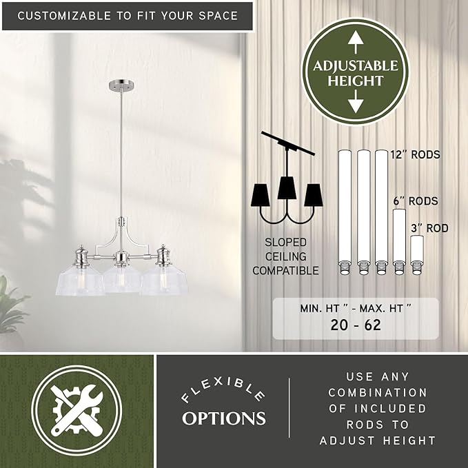 VAXCEL Beloit 3 Light Satin Nickel Farmhouse Chandelier Clear Glass