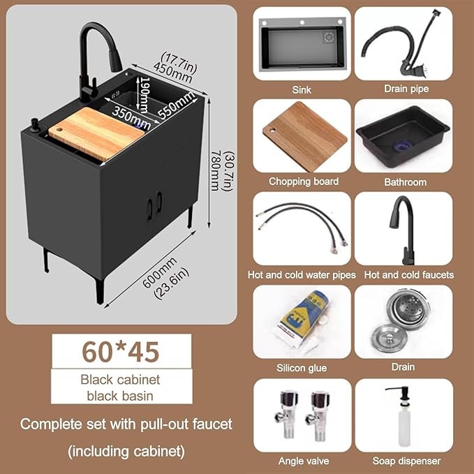 Cabinet Stainless Steel Sink with Storage,Commercial Kitchen Sink with Pull-Out Faucet,Bathroom Sink with Black Faucet and Storage Shelves,for Kitchen,Restaurant,Outdoor,Laundry