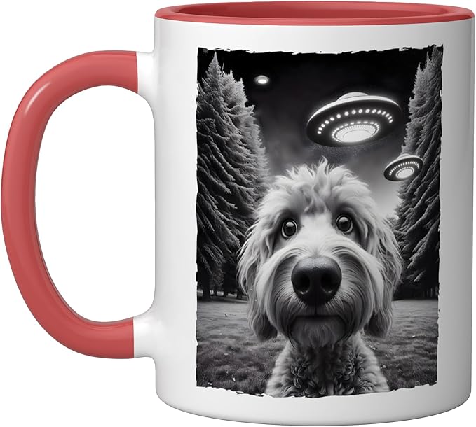 Funny Golden Doodle Selfie UFO Encounters for Dog Lovers Ceramic Mug, Red/White