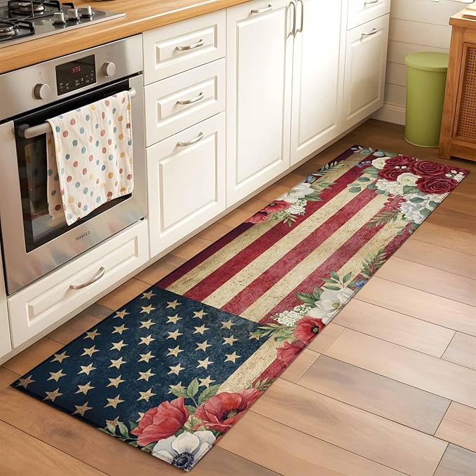 Runner Rug for Bedroom Hallway, Independence Day 250th Anniversary Kitchen Runner Rugs Area Rug 2x6ft, Vintage USA Flag Floral Washable Soft Floor Carpet for Entryway Stair