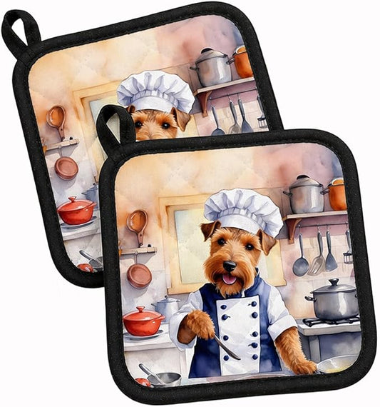 Caroline's Treasures Welsh Terrier The Chef Pair of Pot Holders Kitchen Heat Resistant Pot Holders Sets Oven Hot Pads for Cooking Baking BBQ, 7 1/2 x 7 1/2