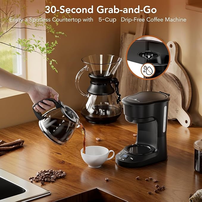 Electactic 5 Cup Programmable Drip Coffee Maker, 24H Delay Brew, 2H Keep Warm & Auto Shut Off, Pause & Serve, Reusable Filter, Glass Coffee Pot, Small Coffee Machine for Home Office