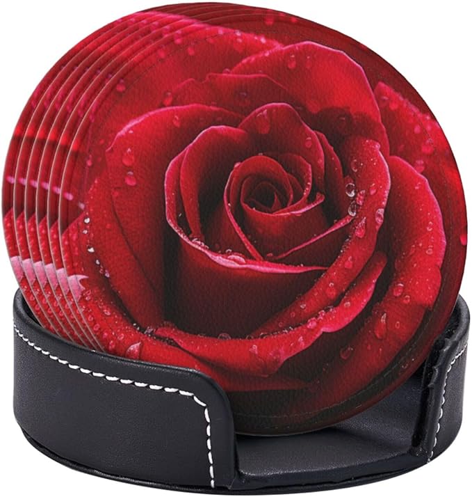 Famame 6 Pcs Bright Red Rose Leather Coasters for Drinks with Holder Coaster Sets Drink Table Cup Coasters for Living Room Kitchen Coffee Decor