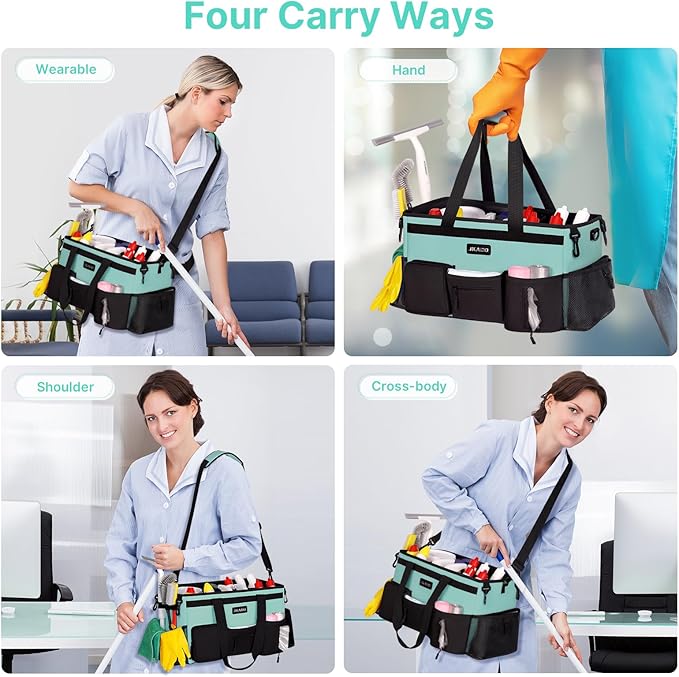 JKAOO Large Wearable Cleaning Caddy Bags, Cleaning Supplies Storage Bag with Handles and Adjustable Shoulder Strap and Removable Waist Straps,Waterproof Cleaning Tote for Home,Car,Office