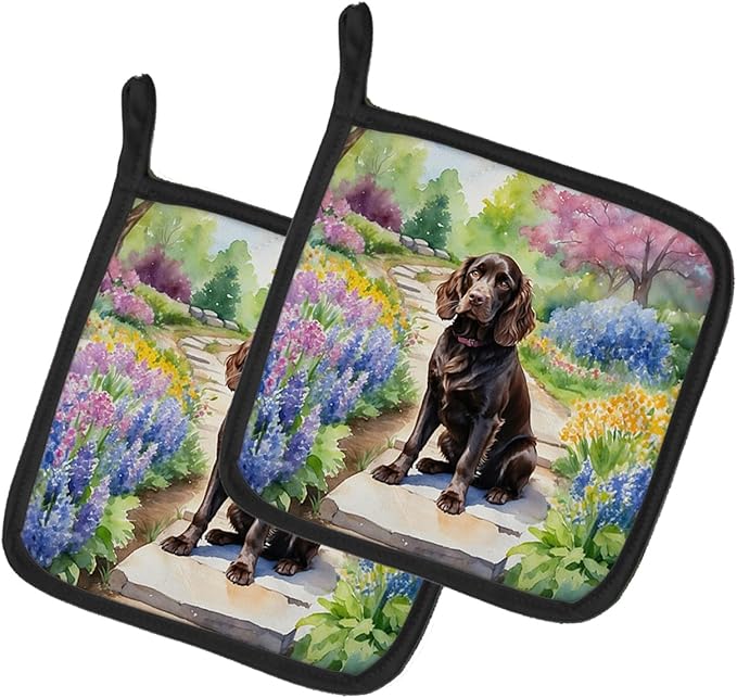 Caroline's Treasures Boykin Spaniel Spring Path Pair of Pot Holders Kitchen Heat Resistant Pot Holders Sets Oven Hot Pads for Cooking Baking BBQ, 7 1/2 x 7 1/2