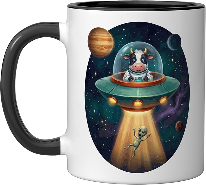 Fuuny Cow Astronaut UFO Abducting Alien Space Farm Ceramic Mug, Black/White