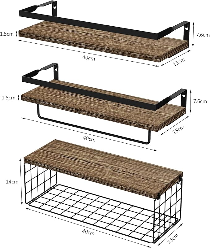 Upgrade Towel Racks for Bathroom Wall Mounted, 3 Pack Floating Shelves with Storage Basket, Bathroom Organizes, Wall Mounted Rustic Wood Shelves for Bedroom, Living Room, Kitchen (Brown)
