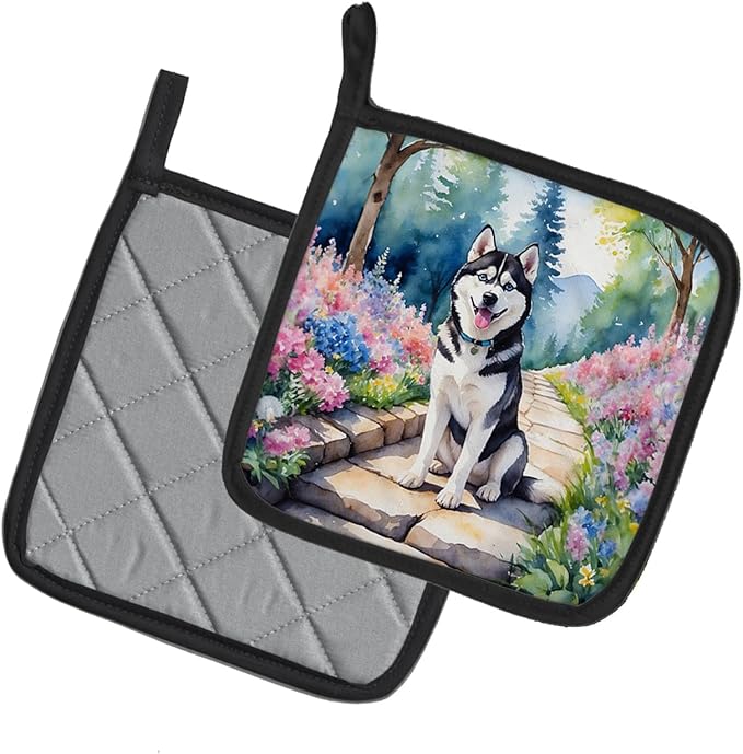Caroline's Treasures Siberian Husky Spring Path Pair of Pot Holders Kitchen Heat Resistant Pot Holders Sets Oven Hot Pads for Cooking Baking BBQ, 7 1/2 x 7 1/2