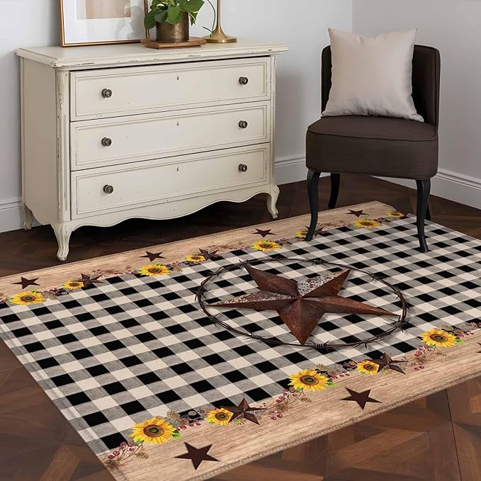 Area Rug 4x6ft, Western Star Farm Sunflower Washable Rugs for Living Room Bedroom, Vintage Wood Grain Black Buffalo Plaid Soft Non-Slip Area Rugs Rectangle Floor Carpet for Dining Room