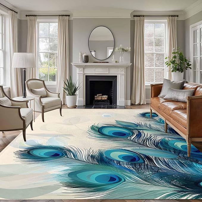 Area Rug 6x9ft, Abstract Animal Art Peacock Feather Washable Rugs for Living Room Bedroom, Watercolor Blue Eyes Beige Soft Non-Slip Area Rugs Rectangle Floor Carpet for Dining Room