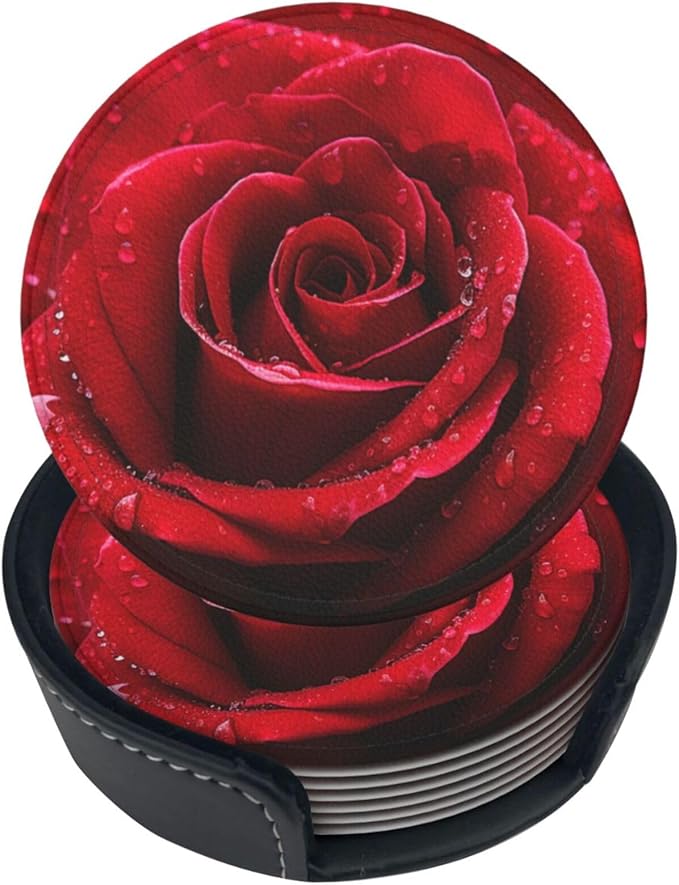 Famame 6 Pcs Bright Red Rose Leather Coasters for Drinks with Holder Coaster Sets Drink Table Cup Coasters for Living Room Kitchen Coffee Decor