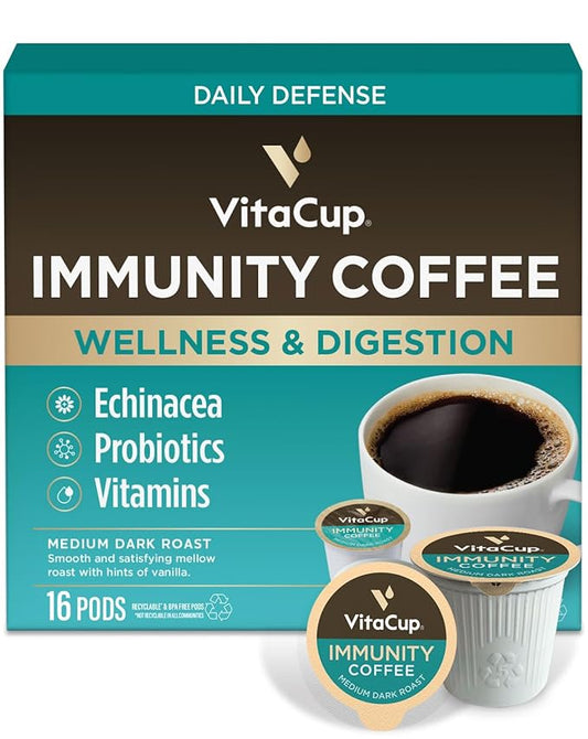 VitaCup Immunity Coffee Pods, Wellness Boost with Antioxidants, Echinacea, Probiotics, Vitamin C & D3, Medium Dark Roast, Single Serve Pod Compatible with Keurig K-Cup Brewers,16 Ct