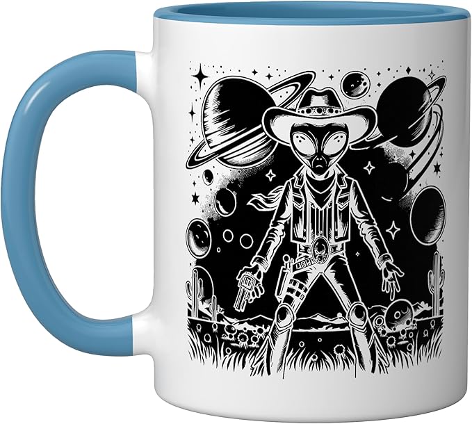 Alien Lover Flying Saucer UFO Extraterrestrial Cowboy Ceramic Mug, Blue/White