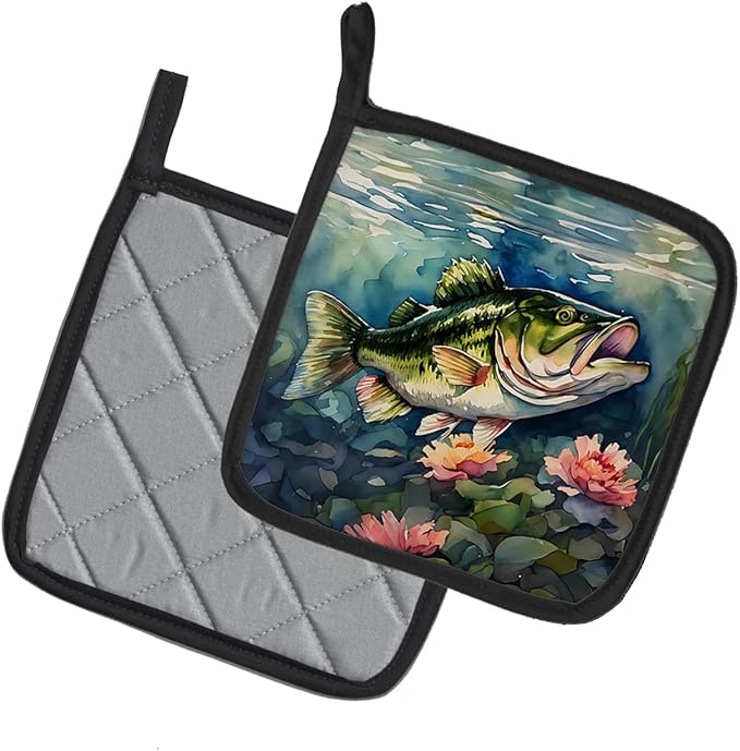 Caroline's Treasures Largemouth Bass Pair of Pot Holders Kitchen Heat Resistant Pot Holders Sets Oven Hot Pads for Cooking Baking BBQ, 7 1/2 x 7 1/2