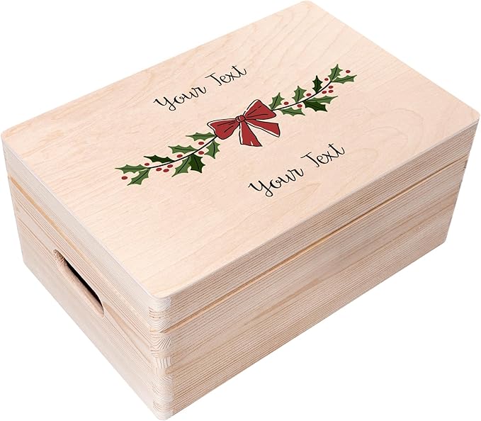 Creative Deco Personalized Wooden Storage Box Christmas Box | 11.8x7.87x5.51in (+-0.5) | Garland | Hinged Lid Handle Engraving | Unpainted Gift Box | Rough UNSANDED Keepsake Memory Souvenir Chest