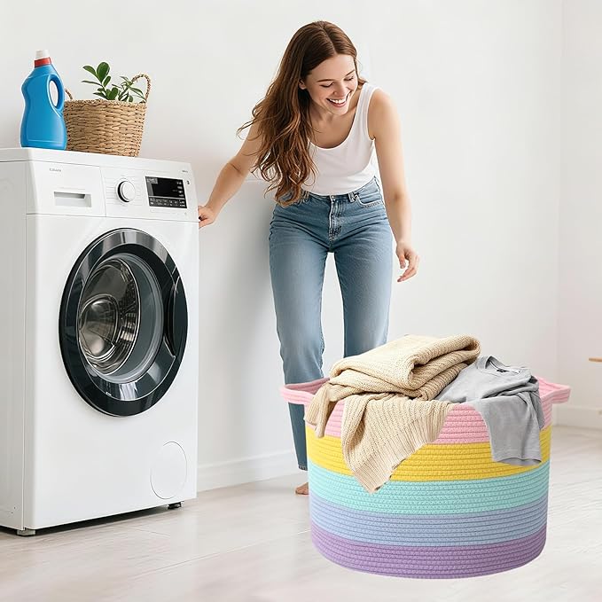 90L Large Blanket Basket,21.7"L x 21.7"W x 13.8"H Rope Woven Baskets with Handles, Toys Storage Bins,Laundry Basket Perfect for Living Room, Nursery,Bedroom,Home Organization,Colorful