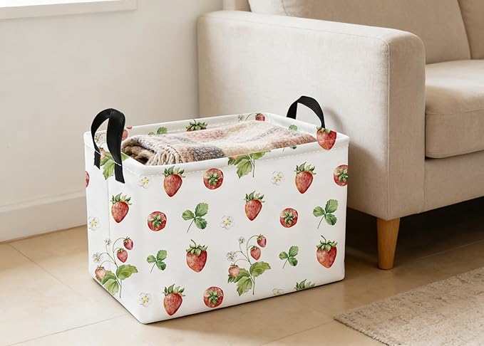 Essme Rectangular Kids Baskets,Strawberry Storage Box,Cute Basket for Kids with Handles for Room Decor, Book Bins,Shelf Basket.(Strawberry)