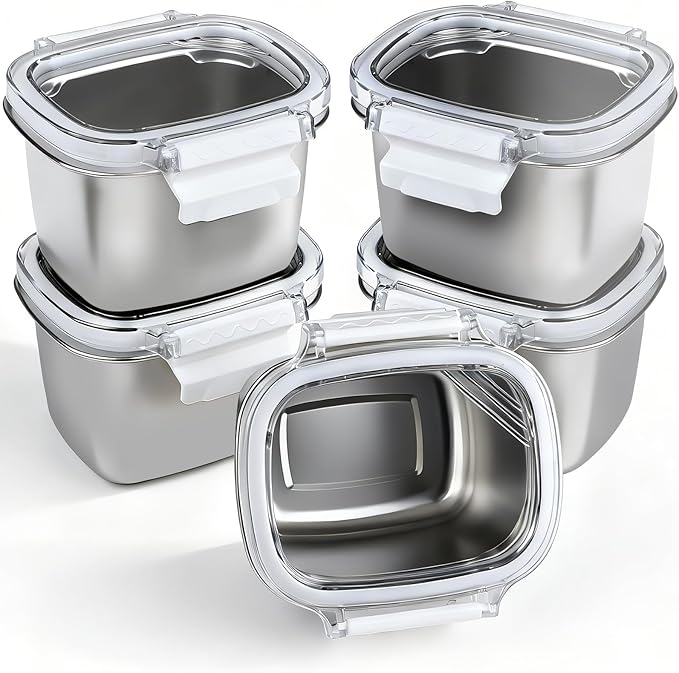 5 Piece Stainless Steel Containers with Lids, 15.2oz Food Storage Containers Leakproof Lunch Small Snack Boxes, Reusable Meal Prep Containers Suitable for Dips, Condiments, Snacks