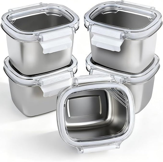 5 Piece Stainless Steel Containers with Lids, 15.2oz Food Storage Containers Leakproof Lunch Small Snack Boxes, Reusable Meal Prep Containers Suitable for Dips, Condiments, Snacks