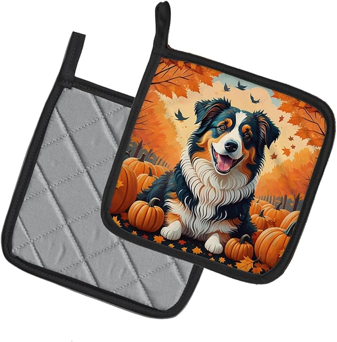 Caroline's Treasures DAC1009PTHD Australian Shepherd Terrier Fall Pair of Pot Holders Kitchen Heat Resistant Pot Holders Sets Oven Hot Pads for Cooking Baking BBQ, 7 1/2 x 7 1/2