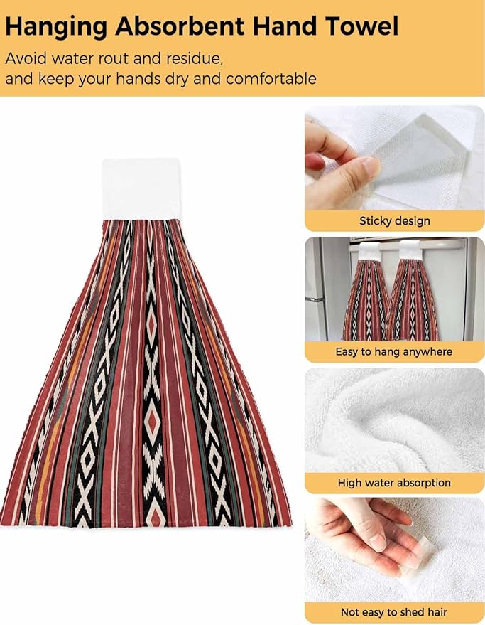 Alandar Home Kitchen Tie Towel Set of 2, Abstract Geometric Style Absorbent Soft Hand Towels for Bathroom Hanging Towels, Red Boho Ethnic Tribal Style Fast Drying Cleaning Cloth with Loop