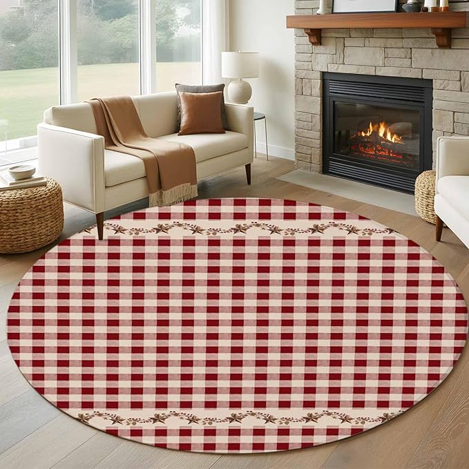 Washable Round Area Rug Vintage Red Buffalo Plaid Berry Circle Rugs Floor Carpet for Living Room Bedroom, Farmhouse Western Star Soft Non Slip Round Rug 5ft