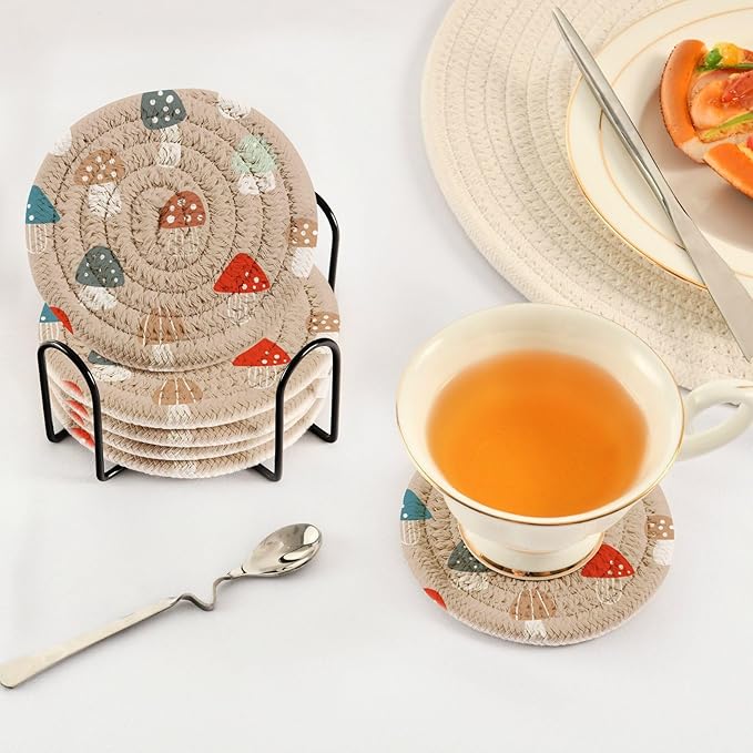 YETTASBIN Mushrooms 6 Pcs Drink Coasters with Holder, Cotton Woven Absorbent Heat-Resistant Round Coaster Non-Slip Table Mat for Kitchen Bar Home Decor Housewarming Gift, 3.9 in