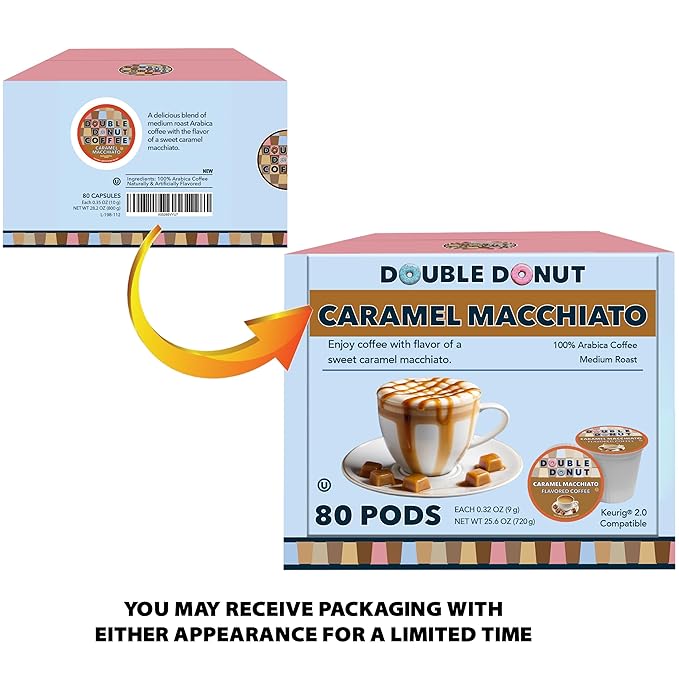 Double Donut Coffee Double Donut Caramel Macchiato Flavored Coffee Pods - Caramel Coffee in Single Serve Coffee Pods for the Keurig K Cups Coffee Brewers, Medium Roast From Double Donut, 80 Count