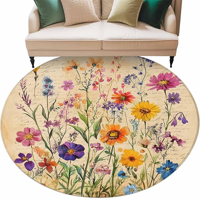 Washable Round Area Rug Farmhouse Colorful Small Flower Circle Rugs Floor Carpet for Living Room Bedroom, Retro Backdrop Seamless Soft Non Slip Round Rug 5ft