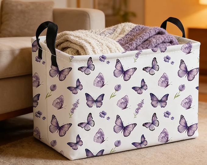 Essme Rectangular Kids Baskets,Butterfly Storage Box,Cute Basket for Kids with Handles for Room Decor, Book Bins.(Purple butterfly)