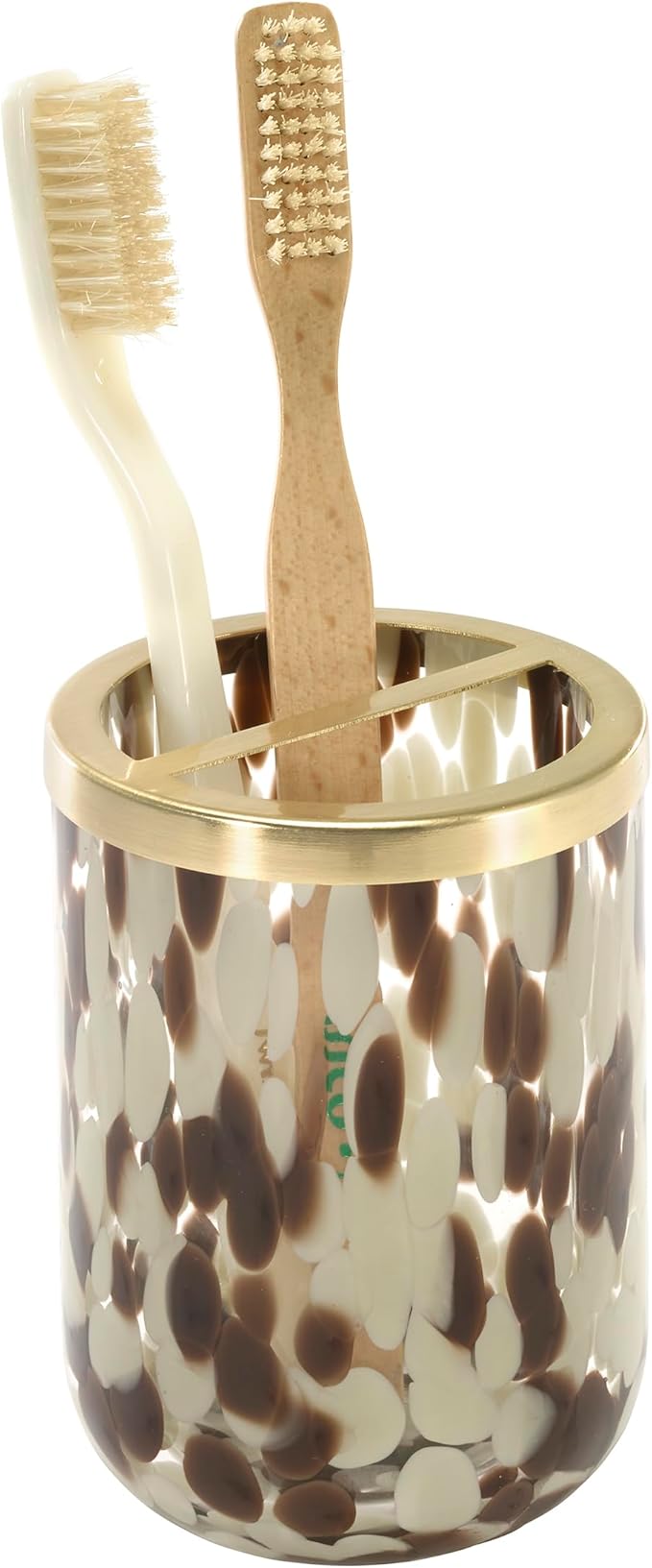 Nicole Miller – Toothbrush Holder, Weighted Glass with Animal Print Design and Gold-Tone Divider, Modern Home Decor – Perfect for Organizing Bathroom Essentials (Safari)