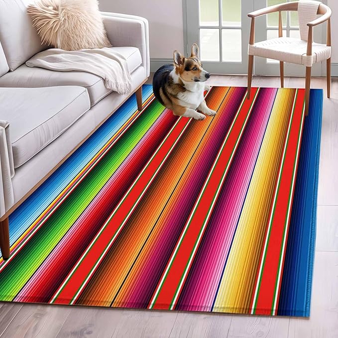 Area Rug 4x6ft, Mexican Stripes Vintage Ethnic Washable Rugs for Living Room Bedroom, Native American Stripe Soft Non-Slip Area Rugs Rectangle Floor Carpet for Dining Room