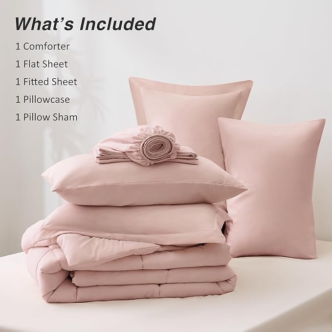 Love's cabin Twin XL Comforter Set Blush Pink, 5 Pieces Twin XL Bed in a Bag, All Season Bedding Sets with 1 Comforter, 1 Flat Sheet, 1 Fitted Sheet, 1 Pillowcase and 1 Pillow Sham | Soft, Breathable, Lightweight, Comfortable