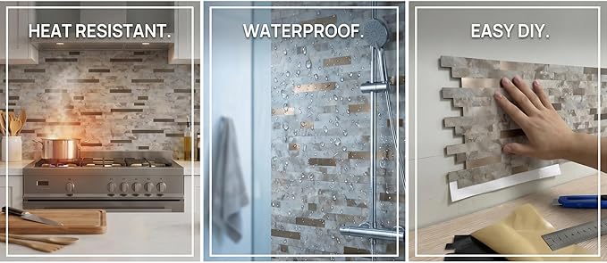 WEIMEISC 10 Sheets Peel and Stick Backsplash Tile for Kitchen, Self-Adhesive Mosaic Tile, Stick on Bathroom Vanities, Fireplace Decor, Laundry Table (Coffee+Bronze)