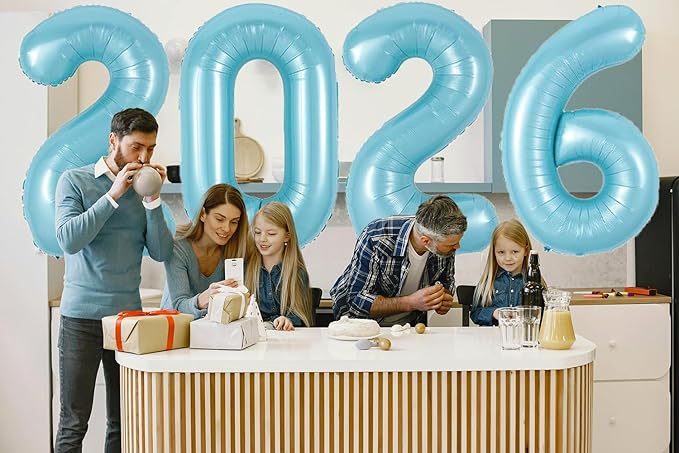 Huge Blue 2026 New Year Balloons 40 Inch 2026 Pearl Light Blue Mylar Foil Helium Number Balloons 2026 Christmas New Year Eve Graduation Party Decorations Supplies
