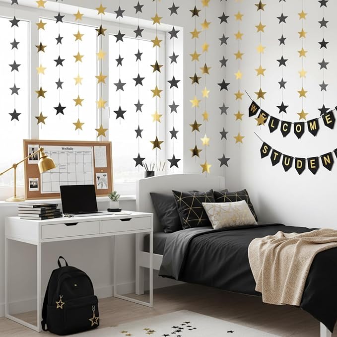 Patelai 130 Feet Glitter Star Garland Banner 2026 Party Decoration Double Side Star Hanging String Streamer Paper Twinkle for Graduation Wedding Birthday (Gold and Black)