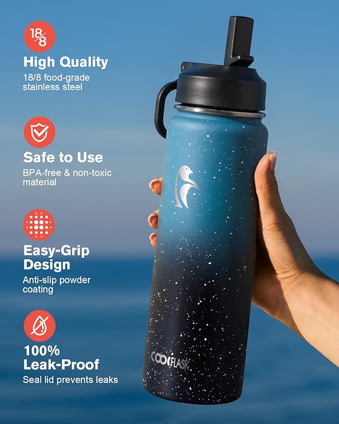 Coolflask Water Bottle 24 oz Insulated with Straw, Stainless Steel Metal 3 Lids Water Flask Wide Mouth for Sports or Office, Non-BPA Keep Cold Up to 48 Hrs or Hot Up to 24 Hrs, Turquoise