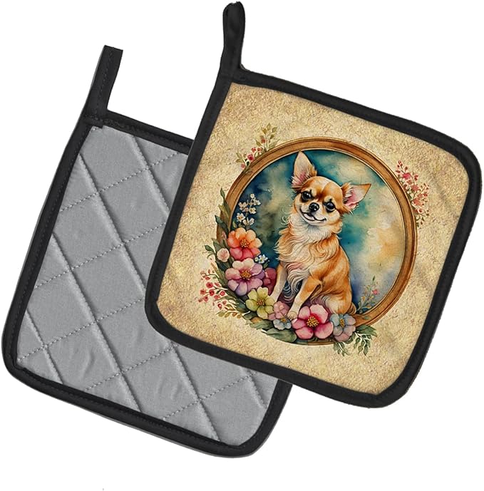 Caroline's Treasures Chihuahua and Flowers Pair of Pot Holders Kitchen Heat Resistant Pot Holders Sets Oven Hot Pads for Cooking Baking BBQ, 7 1/2 x 7 1/2