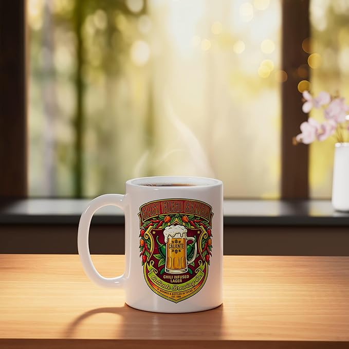 Spicy Fuego Cerveza Chili Texas Drinking Vintage Beer Label Ceramic Mug, White