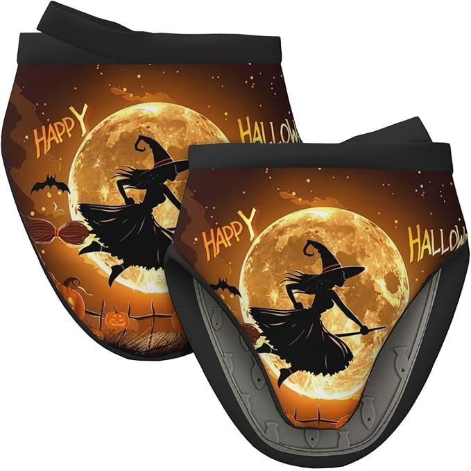 2 Pcs Mini Silicone Oven Mitts Happy Halloween Night Heat Resistant Grill Gloves with Hanging Loop, Witch Pumpkins Short Kitchen Mittens for Cooking Baking BBQ