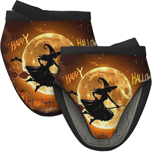 2 Pcs Mini Silicone Oven Mitts Happy Halloween Night Heat Resistant Grill Gloves with Hanging Loop, Witch Pumpkins Short Kitchen Mittens for Cooking Baking BBQ