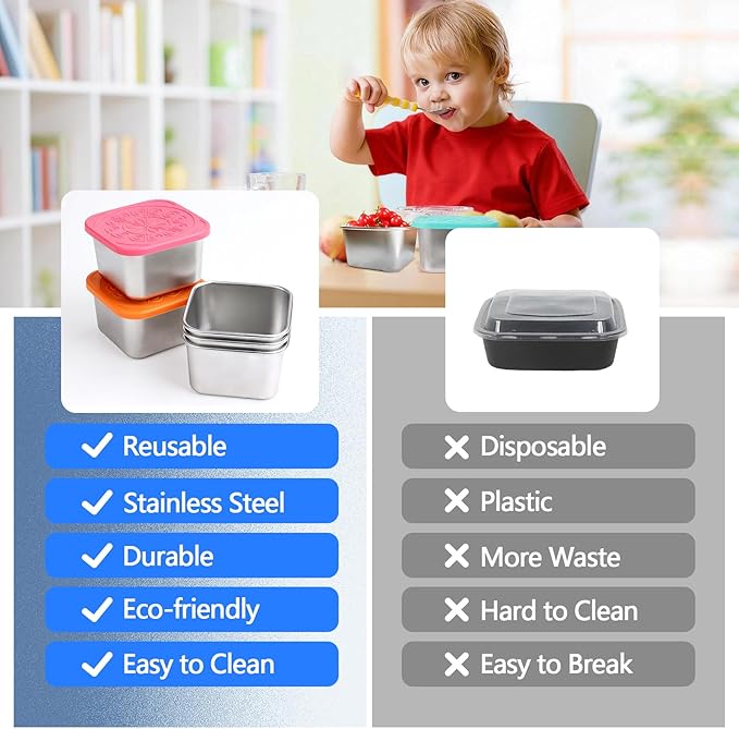 6 oz Stainless Steel Snack Containers with Lids - 8 Pack Meal Prep Lunch Boxes, LeakProof Metal Snack Containers, Stackable Dip Cups for Fruit, Cookie, Candy, Sauce