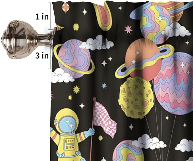 Retro Cartoon Space Valance, Funny Hippie Groovy Astronaut Planet Rocket Short Window Treatment for Kitchen Bedroom Nursery Living Room Decor, 54x18Inch