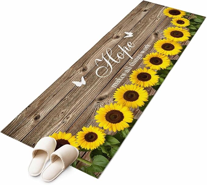 Runner Rug for Bedroom Hallway, Farm Sunflower Positive Energy Quote Kitchen Runner Rugs Area Rug 2x6ft, Retro Dark Brown Wood Grain Washable Soft Floor Carpet for Entryway Stair
