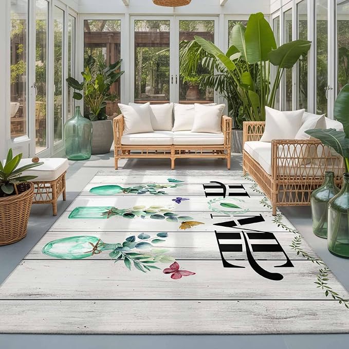 Area Rug 3x5ft, Summer Eucalyptus Leaf Colorful Butterfly Washable Rugs for Living Room Bedroom, Home Text Wood Plank Soft Non-Slip Area Rugs Rectangle Floor Carpet for Dining Room