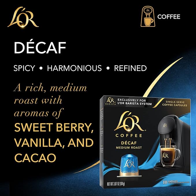 L'OR Coffee Pods, 50 Count DECAF Medium Roast, Single-Serve Aluminum Coffee Capsules Compatible with the L'OR BARISTA System & *Nespresso Original Machines, 50 Count (Pack of 5)