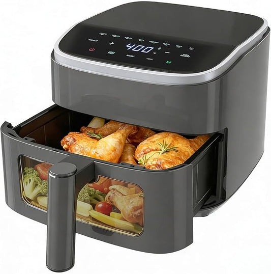 NEWBULIG Air Fryer，4QT Small AirFryer with Easy View Window and Interior Light, Digital Touchscreen with 8 Presets for Custom Cooking, Nonstick and Dishwasher Safe Basket, Grey